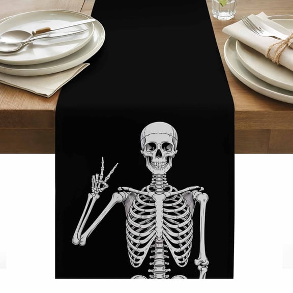 Halloween Funny Skull Table Runner - 36 Inch Long, Kitchen Dining Table Runner Dresser Scarves, Scary Skeleton Abstract Black Farmhouse Decor for Coffee Tables Wedding Party Banquet