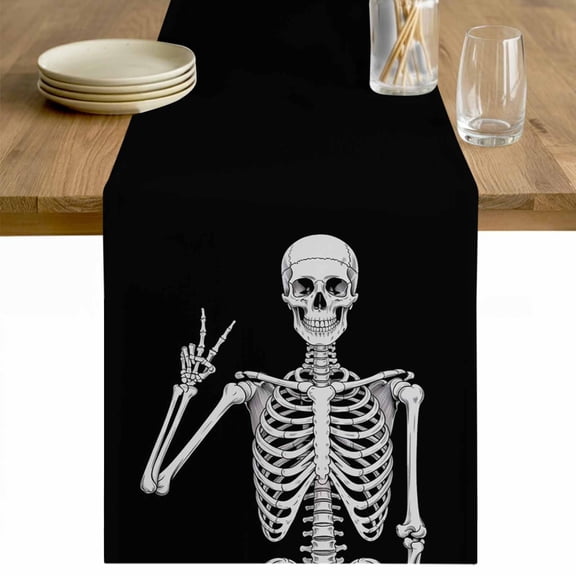 Halloween Funny Skull Table Runner 36 Inches Long Farmhouse Dress Scarves, Scary Skeleton Abstract Black Dining Tablerunner for Coffee Table/Kitchen Island/Party Décor, Small 13" x 36"
