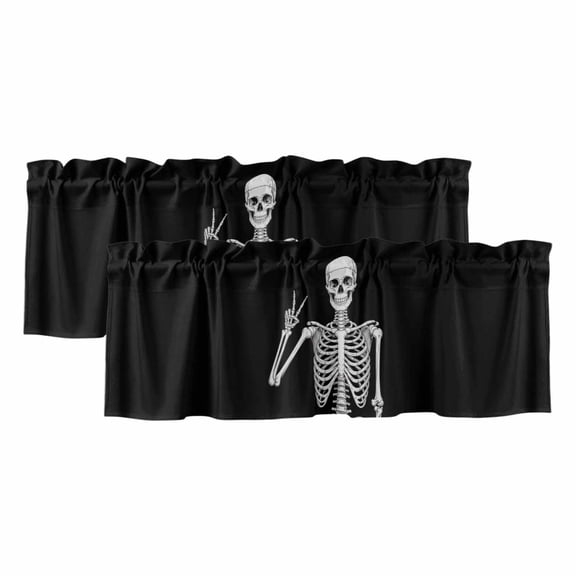 Halloween Funny Skull Valances for Windows, Decorative Rod Pocket Window Valance Curtains, Scary Skeleton Abstract Black Short Curtain Drapes for Kitchen/Bathroom/Living Room, 2 Panels, 42" W x 18" L