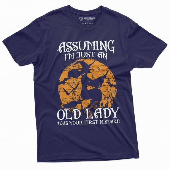 Halloween Funny old lady witch T-shirt witch on the stick funny grandma mom wife tee shirt (X-Large Navy Blue)