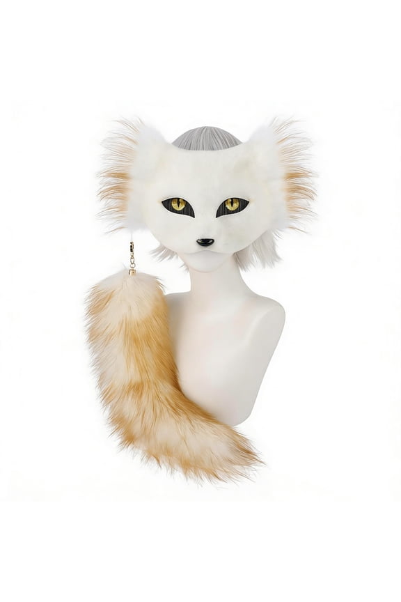 Halloween Fursuit Kitty Cat Mask with Tail,Realistic Furry Cat Mask Therian Costume for Animal Role-Play Party,Furry Kitty Costume