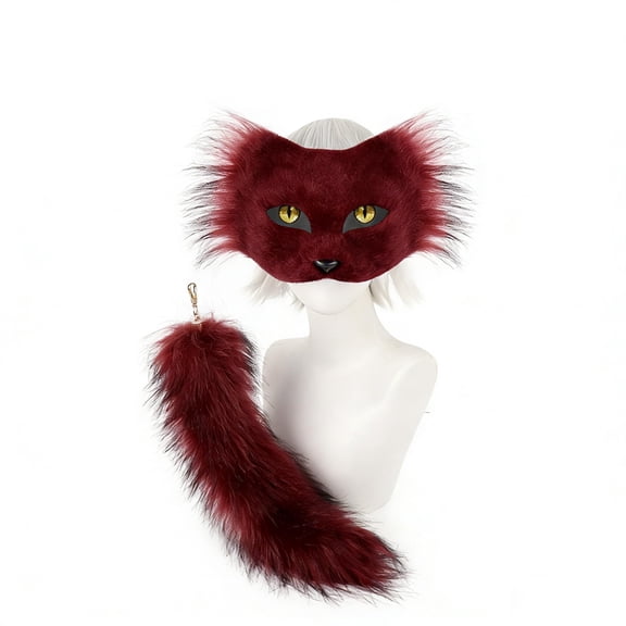 Halloween Fursuit Kitty Cat Mask with Tail,Realistic Furry Cat Mask Therian Costume for Animal Role-Play Party,Furry Kitty Costume