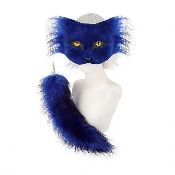 Halloween Fursuit Kitty Cat Mask with Tail,Realistic Furry Cat Mask Therian Costume for Animal Role-Play Party,Furry Kitty Costume