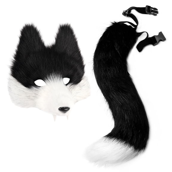 Halloween Fursuit Wolf Teeth Mask with Tail,Realistic Furry Wolf Mask Therian Costume for Animal Role-Play Party