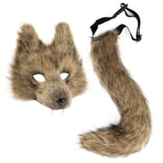 Halloween Fursuit Wolf Teeth Mask with Tail,Realistic Furry Wolf Mask Therian Costume for Animal Role-Play Party