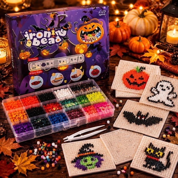 Halloween Fuse Beads Kit,.5mm Mini DIY Craft Puzzle with Many Vibrant Colors,Box with Approx Many Beads per Grid,Pixel Art Craft Supplies for Adult Crafters