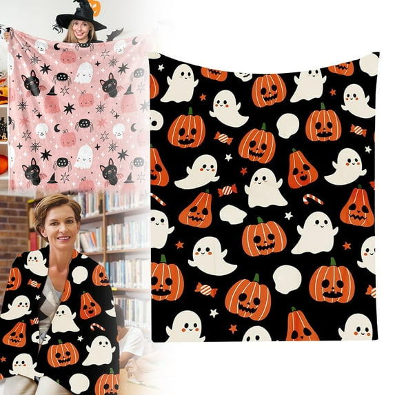 Halloween Fuzzy Blanket Black Cute Pumpkin Ghost Bat Throw Blanket Halloween Cartoon Soft Cozy Flannel Blanket for Home Party Bed Sofa Couch,50 x 60 Inch
