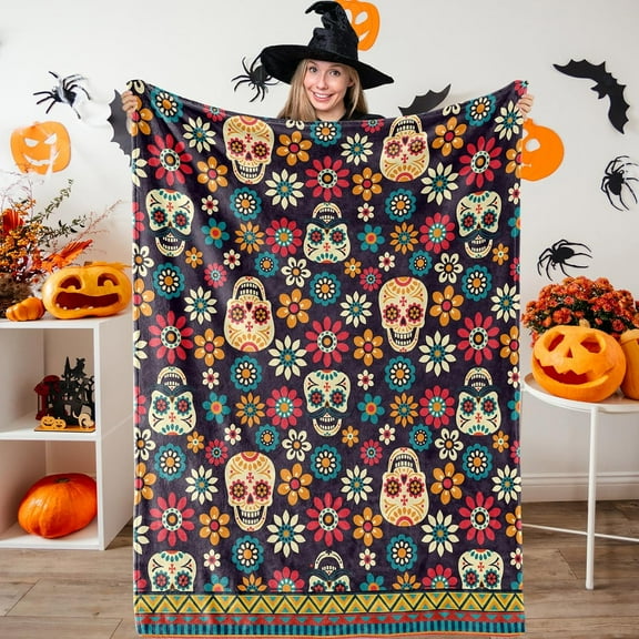 Halloween Fuzzy Blanket Mexican Day of The Dead Throw Blanket Vintage Sugar Skull Soft Cozy Flannel Blanket for Home Bed Sofa Couch Chair, 50 x 60 Inch