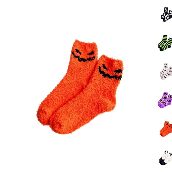 Halloween Fuzzy Crew Socks Pack, Warm Cozy Plush Holiday Novelty Socks, Indoor Lounge Sleep Socks, Soft Fluffy Halloween Sock for Home Wear & Holiday Gifts Saffron