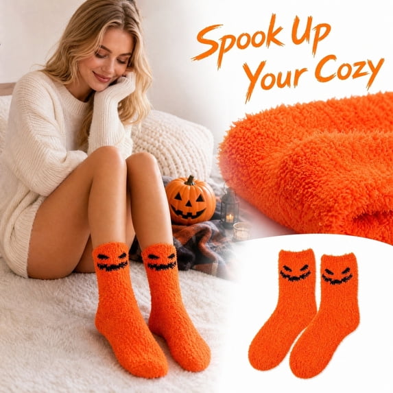 Halloween Fuzzy Crew Socks For Women Ghost Pumpkin Bat Pattern Fluffy Cozy Socks Soft Warm Festive Holiday Novelty Socks Multiple Print Options One Size