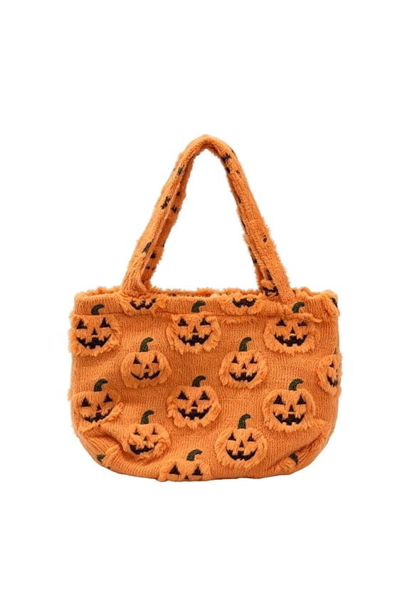Halloween Fuzzy Pumpkin Tote Bag Cute Orange Jack O Lantern Handbag Soft Shoulder Bag Reusable Shopping Bag(Orange)