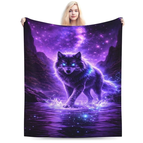 Halloween Galaxy Wolf Blanket Purple Cosmic Animal Throw Soft Flannel Fleece Cozy Gothic Aesthetic Home Decor Gift for Adults 50x40
