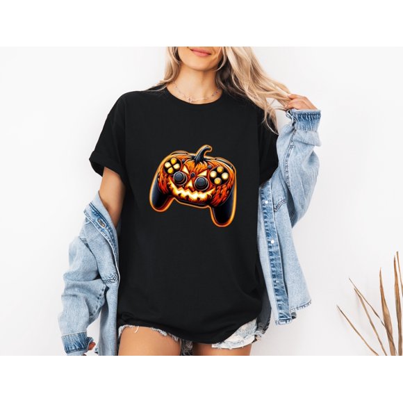 Halloween Gamer Pumpkin with Gamepad Controller Unisex T-Shirt, up to size 5XL