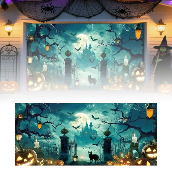 Halloween Garage Door Banner Cover 6.8 x 15.7 ft Happy Halloween Garage Door Decoration Outdoor Indoor Hanging Banners Scary Pumpkin Ghost Bats Photo Props Backdrop for Wall House Party Decor