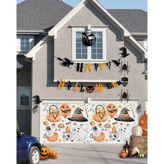 Halloween Garage Door Banner Cover 6 x 13 ft, Halloween Elements Pattern Pumpkin Skull Poison Ghost Hat Halloween Garage Door Decorations Holiday Halloween Backdrop Decor for Halloween Party