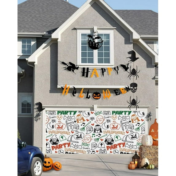 Halloween Garage Door Banner Cover 6 x 13 ft, Halloween Element Stick Figure Color Halloween Garage Door Decorations Holiday Halloween Backdrop Decor for Winter New Year Halloween Party