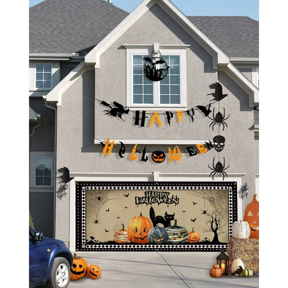 Halloween Garage Door Banner Cover 6 x 13 ft, Halloween Horrible Pumpkin Black Cat Haunted House Halloween Garage Door Decorations Holiday Halloween Backdrop Decor for Halloween Party