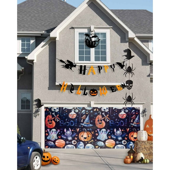 Halloween Garage Door Banner Cover 6 x 13 ft, Halloween Theme BOO Ghost Witch Punpkin Halloween Garage Door Decorations Holiday Halloween Backdrop Decor for Halloween Party