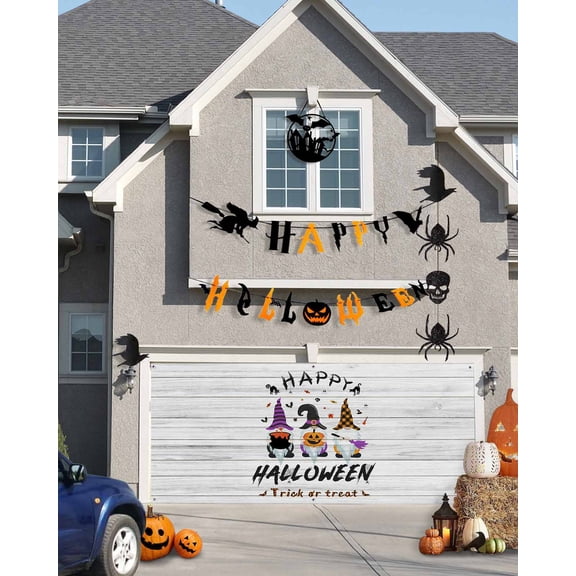Halloween Garage Door Banner Cover 6 x 13 ft, Happy Halloween Gnome Pumpkin Wooden Board Halloween Garage Door Decorations Holiday Halloween Backdrop Decor for Halloween Party