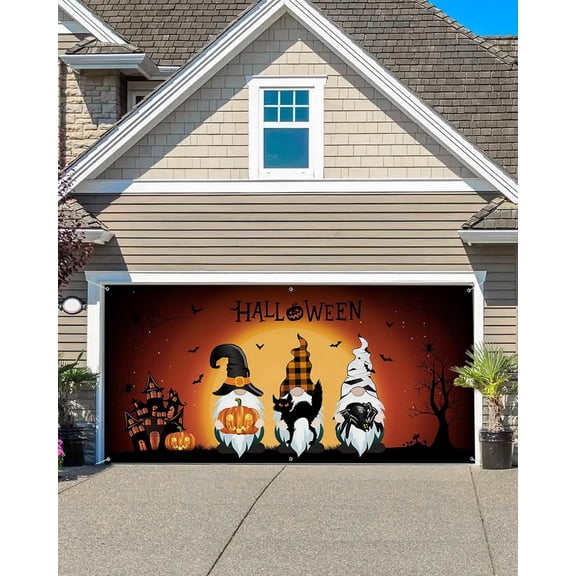 Halloween Garage Door Banner Cover 6 x 13 ft, Happy Halloween Gnomes Pumpkins Halloween Garage Door Decorations Holiday Halloween Backdrop Decor for Winter New Year Halloween Party