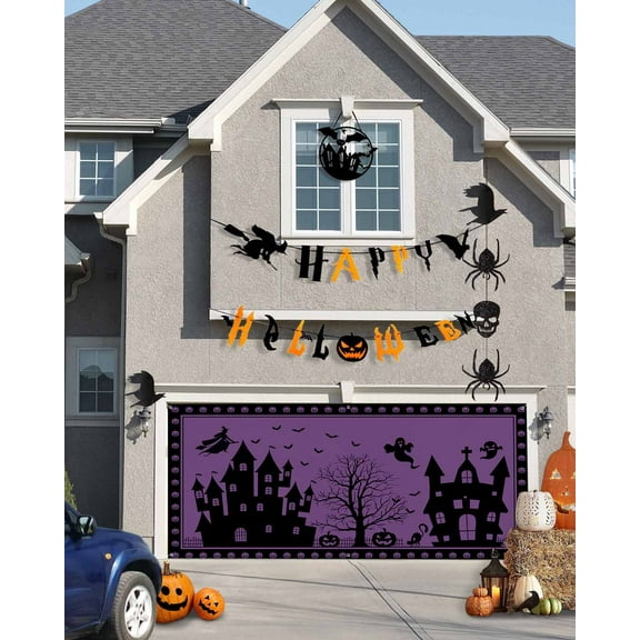 Halloween Garage Door Banner Cover 6 x 13 ft, Happy Halloween Haunted House Punmpkin Witch Purple Halloween Garage Door Decorations Holiday Halloween Backdrop Decor for Halloween Party