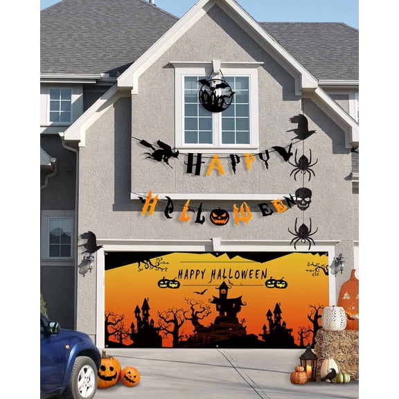 Halloween Garage Door Banner Cover 6 x 13 ft, Happy Halloween Pumpkin Castle and Tree Yilhouette Yellow Halloween Garage Door Decorations Holiday Halloween Backdrop Decor for Halloween Party