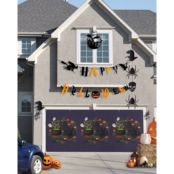 Halloween Garage Door Banner Cover 7 x 16 ft Dark Mysterious Black Cat Bubbling Pot Ghost Purple Garage Door Decoration Hanging Garage Door Cover Backdrop Wall Decoration for Outdoor Home Party