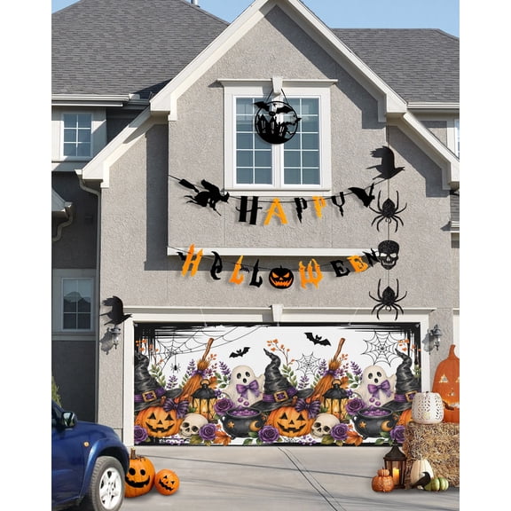 Halloween Garage Door Banner Cover 7 x 16 ft Fall Fantasy Ghosts Wizard Hats Lanterns Bubbling Potions Garage Door Decoration Hanging Garage Door Cover Backdrop Wall Decoration for Outdoor Home Party