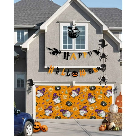 Halloween Garage Door Banner Cover 7 x 16 ft, Halloween Gnome Wizard Pumpkin Skull Halloween Garage Door Decorations Holiday Halloween Backdrop Decor for Halloween Party