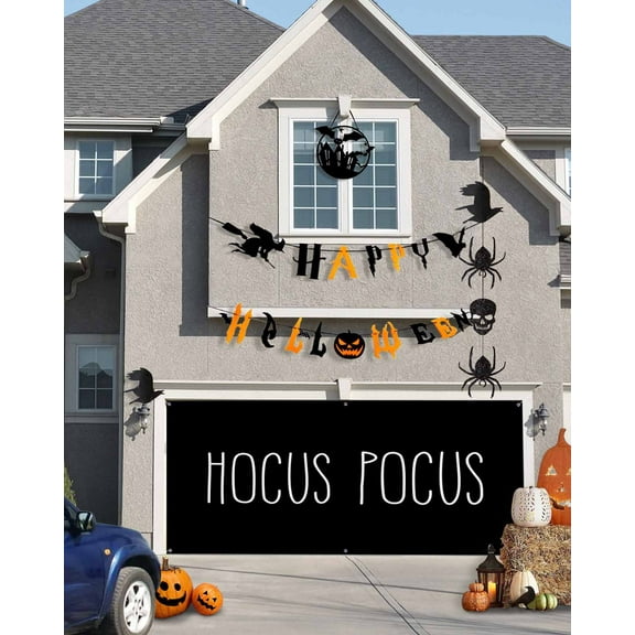 Halloween Garage Door Banner Cover 7 x 16 ft, Halloween Hocus Pocus Black Halloween Garage Door Decorations Holiday Halloween Backdrop Decor for Halloween Party