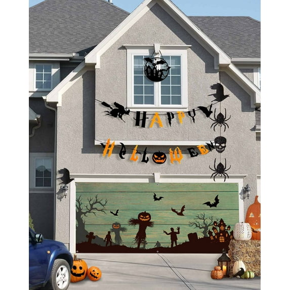 Halloween Garage Door Banner Cover 7 x 16 ft, Halloween Pumpkin Scarecrow Halloween Garage Door Decorations Holiday Halloween Backdrop Decor for Halloween Party