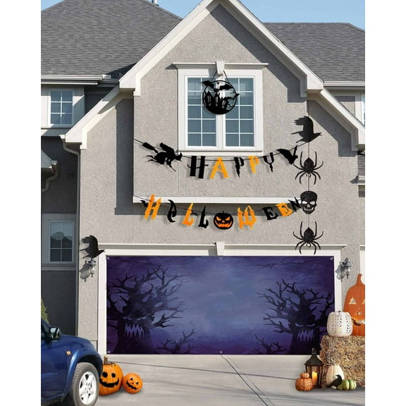 Halloween Garage Door Banner Cover 7 x 16 ft, Halloween Purple Forest with Fog Halloween Garage Door Decorations Holiday Halloween Backdrop Decor for Halloween Party