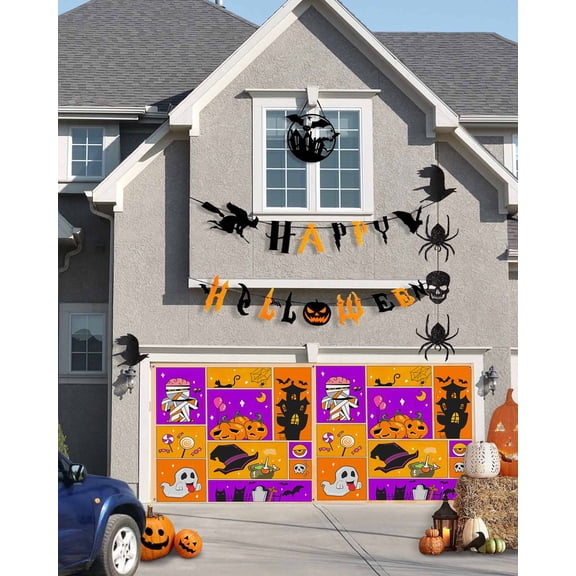 Halloween Garage Door Banner Cover 7 x 16 ft, Hallowmas Pumpkin Purple Orange Patchwork Texture Halloween Garage Door Decorations Holiday Halloween Backdrop Decor for Halloween Party