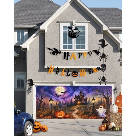 Halloween Garage Door Banner Cover 7 x 16 ft Haunted Castle Floating Ghost Pumpkins Oil Painting Garage Door Decoration Hanging Garage Door Cover Backdrop Wall Decoration for Outdoor Home Party