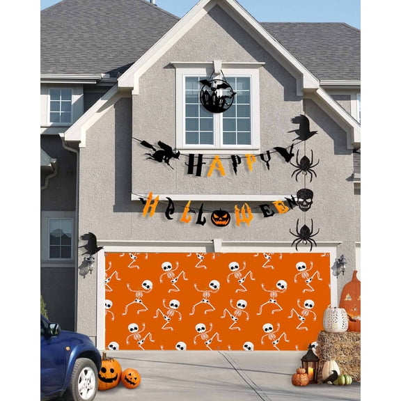 Halloween Garage Door Banner Cover 7 x 16 ft, Halloween Skeleton Orange Halloween Garage Door Decorations Holiday Halloween Backdrop Decor for Halloween Party