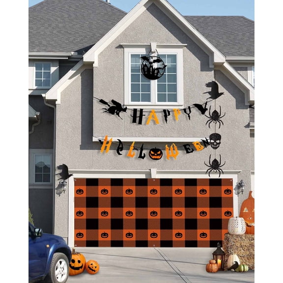 Halloween Garage Door Banner Cover 7 x 8 ft, Funny Pumpkin Pattern on Orange Plaid Halloween Garage Door Decorations Holiday Halloween Backdrop Decor for Halloween Party