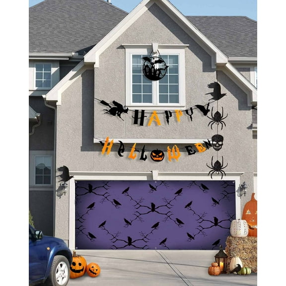 Halloween Garage Door Banner Cover 7 x 8 ft, Halloween Black Crow Tree Branch Purple Halloween Garage Door Decorations Holiday Halloween Backdrop Decor for Halloween Party