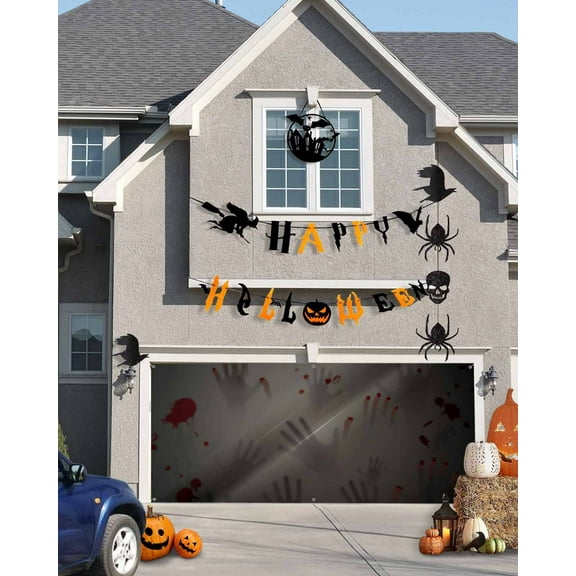 Halloween Garage Door Banner Cover 7 x 8 ft, Halloween Bloody Hand Image Halloween Garage Door Decorations Holiday Halloween Backdrop Decor for Halloween Party