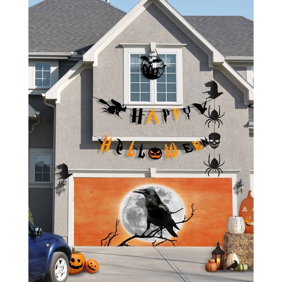 Halloween Garage Door Banner Cover 7 x 8 ft, Halloween Raven Full Moon Orange Halloween Garage Door Decorations Holiday Halloween Backdrop Decor for Halloween Party