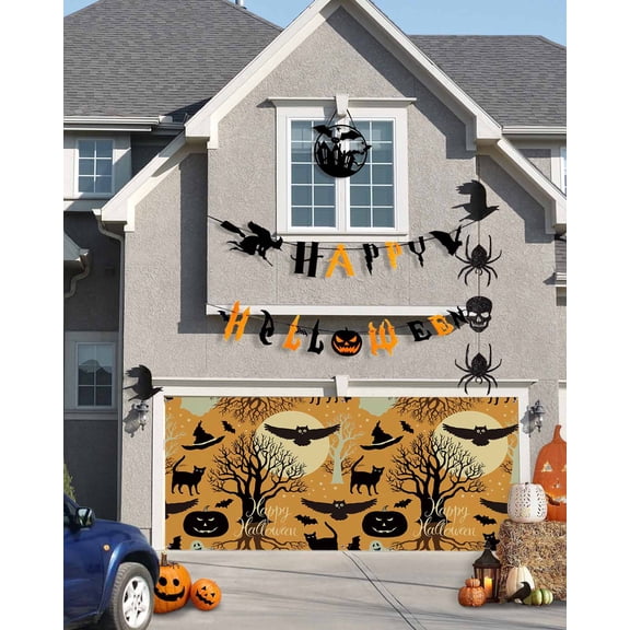 Halloween Garage Door Banner Cover 7 x 8 ft, Happy Halloween Elements Silhouette Owl Full Moon Orange Halloween Garage Door Decorations Holiday Halloween Backdrop Decor for Halloween Party