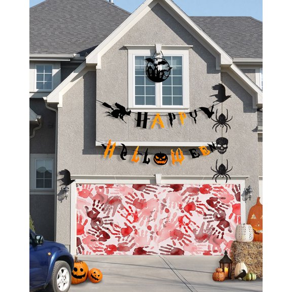 Halloween Garage Door Banner Cover 7 x 8 ft Playful Horror Bloody Handprints Spooky Palms Garage Door Decoration Hanging Garage Door Cover Backdrop Wall Decoration for Outdoor Indoor Home Party