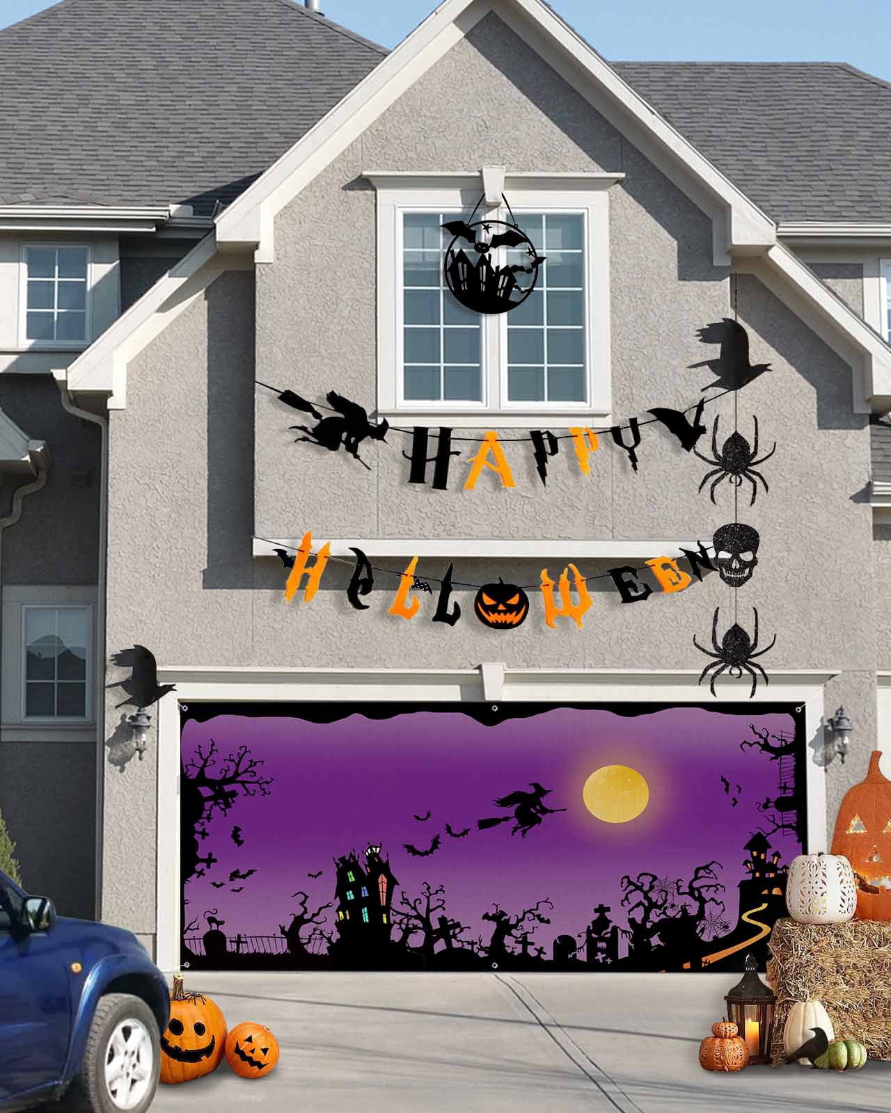 Halloween Garage Door Banner Cover 7 x 8 ft, Halloween Witch Full Moon
