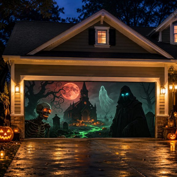Halloween Garage Door Banner Style A 480x210cm Polyester with Vampire and Coffin Design for Outdoor Party Decoration Holiday Display Durable