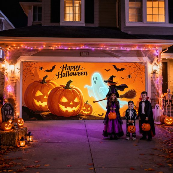 Halloween Garage Door Banner Style B 480x210cm Polyester with Bat and Spider Web Design for Outdoor Party Decoration Holiday Display Colorfast