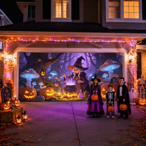 Halloween Garage Door Banner Style C 480x210cm Polyester with Bat and Spider Web Design for Outdoor Party Decoration Holiday Display Weatherproof