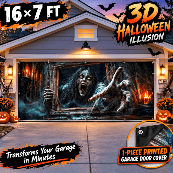 Halloween Garage Door Cover 16 x 7 FT, 3D Scary Skeleton Outdoor Banner, Large Polyester Garage Door Decoration for Yard, House & Party