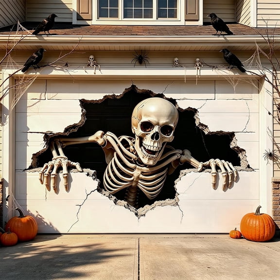 Halloween Garage Door Cover 16x7 Ft, Realistic Garage Scene Design,Large Hanging Backdrop with Spooky Design, Outdoor Indoor Wall Decor for Yard