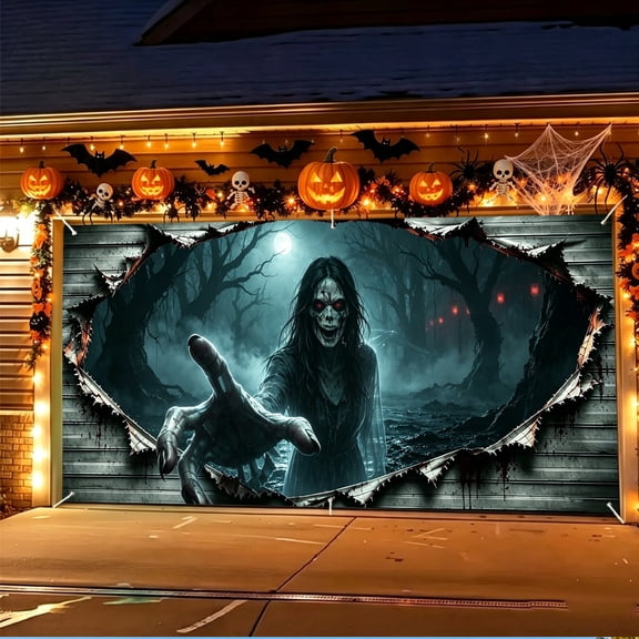 Halloween Garage Door Cover 6x13 FT, Realistic Moonlit Forest Specter Scene Design Garage Door Banner, Outdoor Halloween Decor