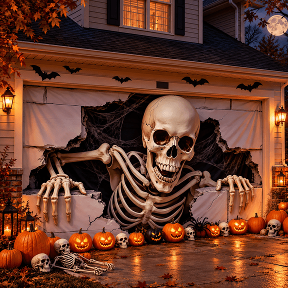 Halloween Garage Door Cover Halloween Decorations Realistic Garage Scene Design for Home Wall Decor Holiday Spooky Party Photo Backgrounds Window Decoration