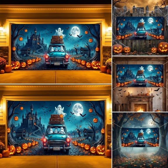Halloween Garage Door Cover Spooky Ghost Pumpkin Castle Garage Cover Horror Party Outdoor Door Decor halloween decorations indoor